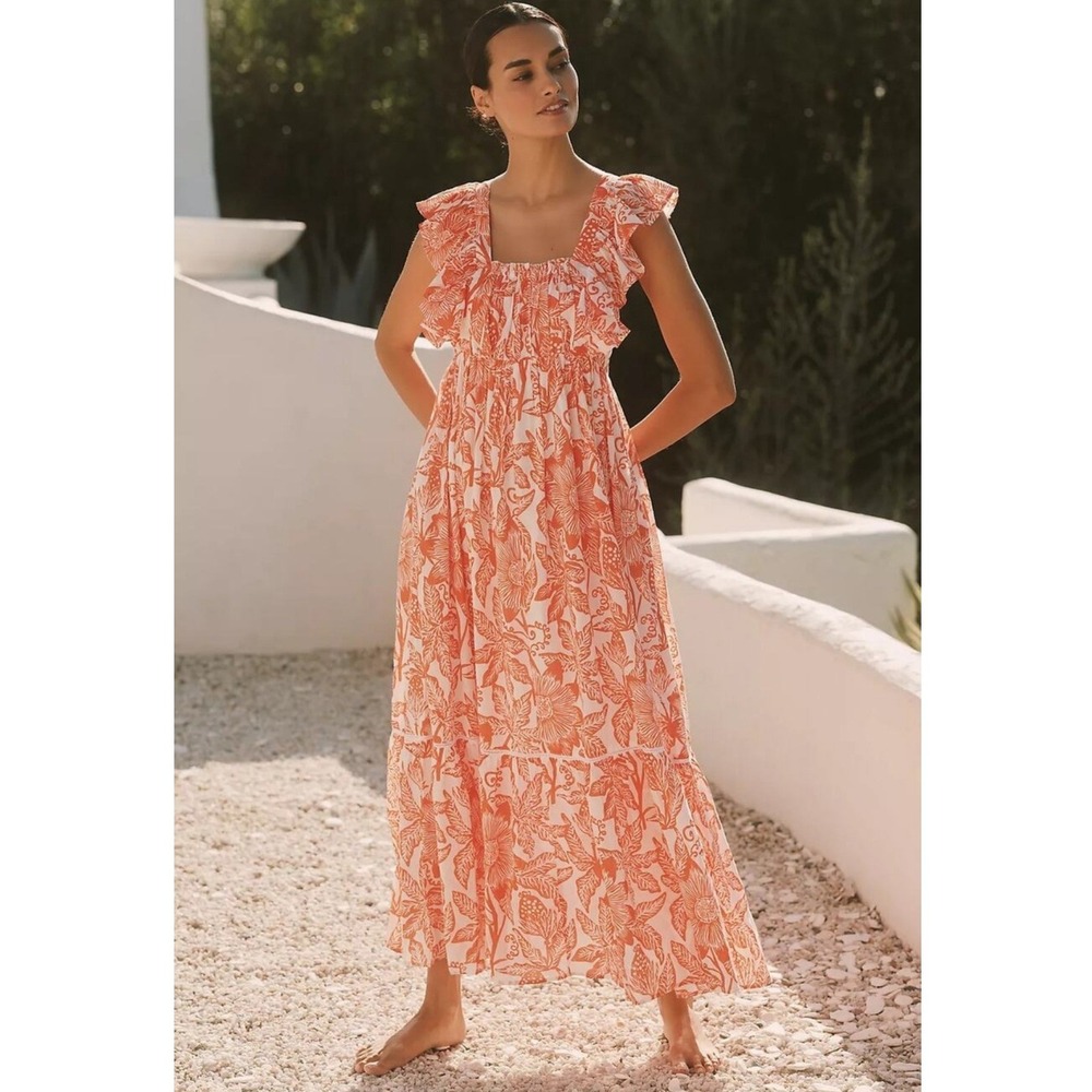 Ro's Garden Orange Floral Block-Print Tiered Maxi Dress Size M Anthropologie